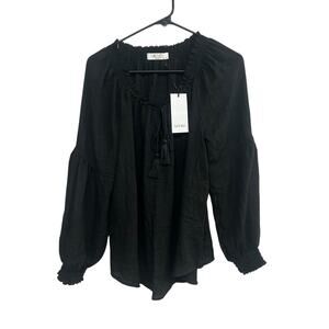 R/C The Brand Black Boho Peasant Top Small Balloon Sleeve Tassel Tie